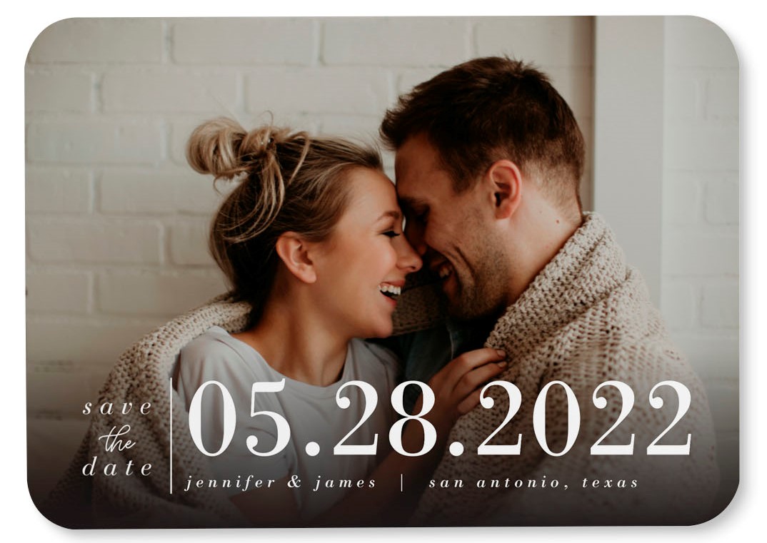 happy couple save the date with date name and location of their wedding