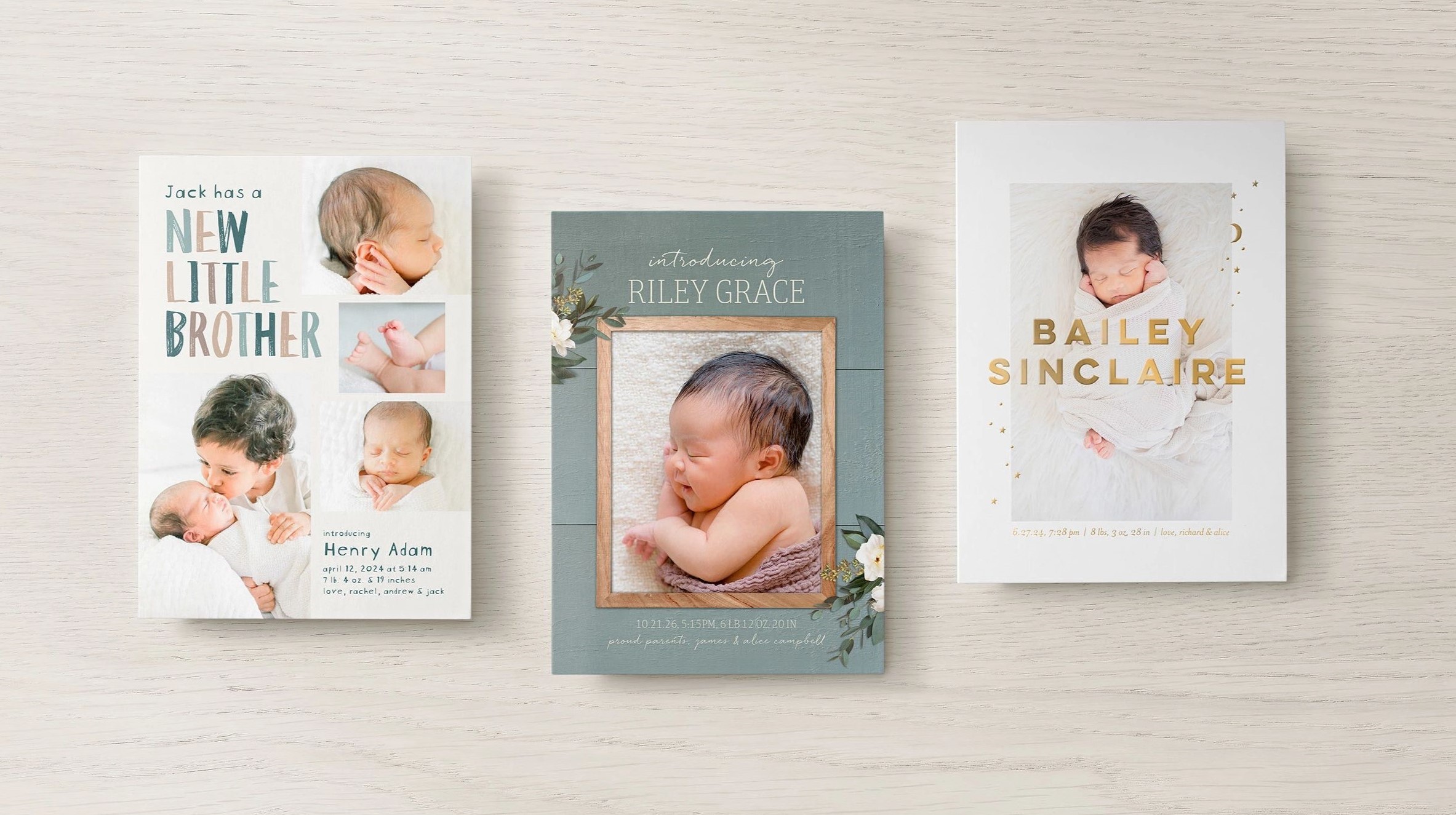 three birth announcement cards