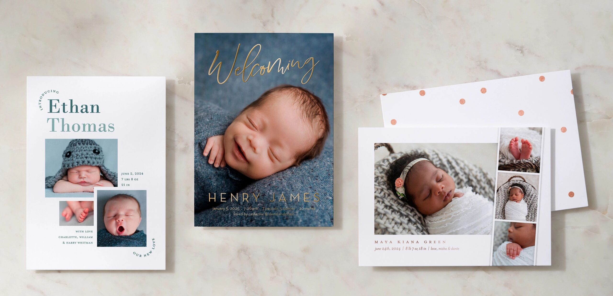 three birth announcement cards