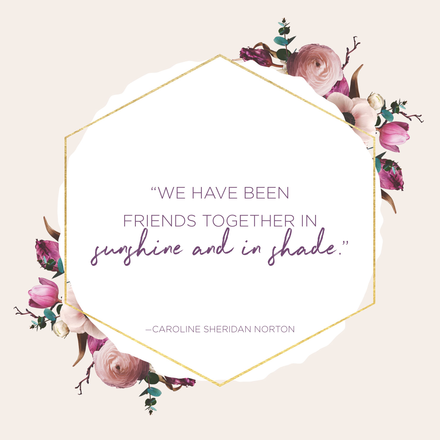 Quote above background image: We have been friends together in sunshine and in shade. -Caroline Sheridan Norton