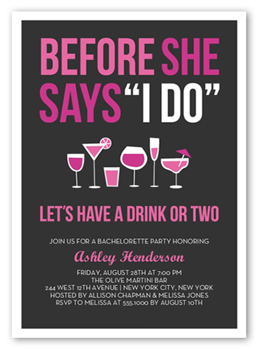 bachelorette party invitation wording with pink drink glass design