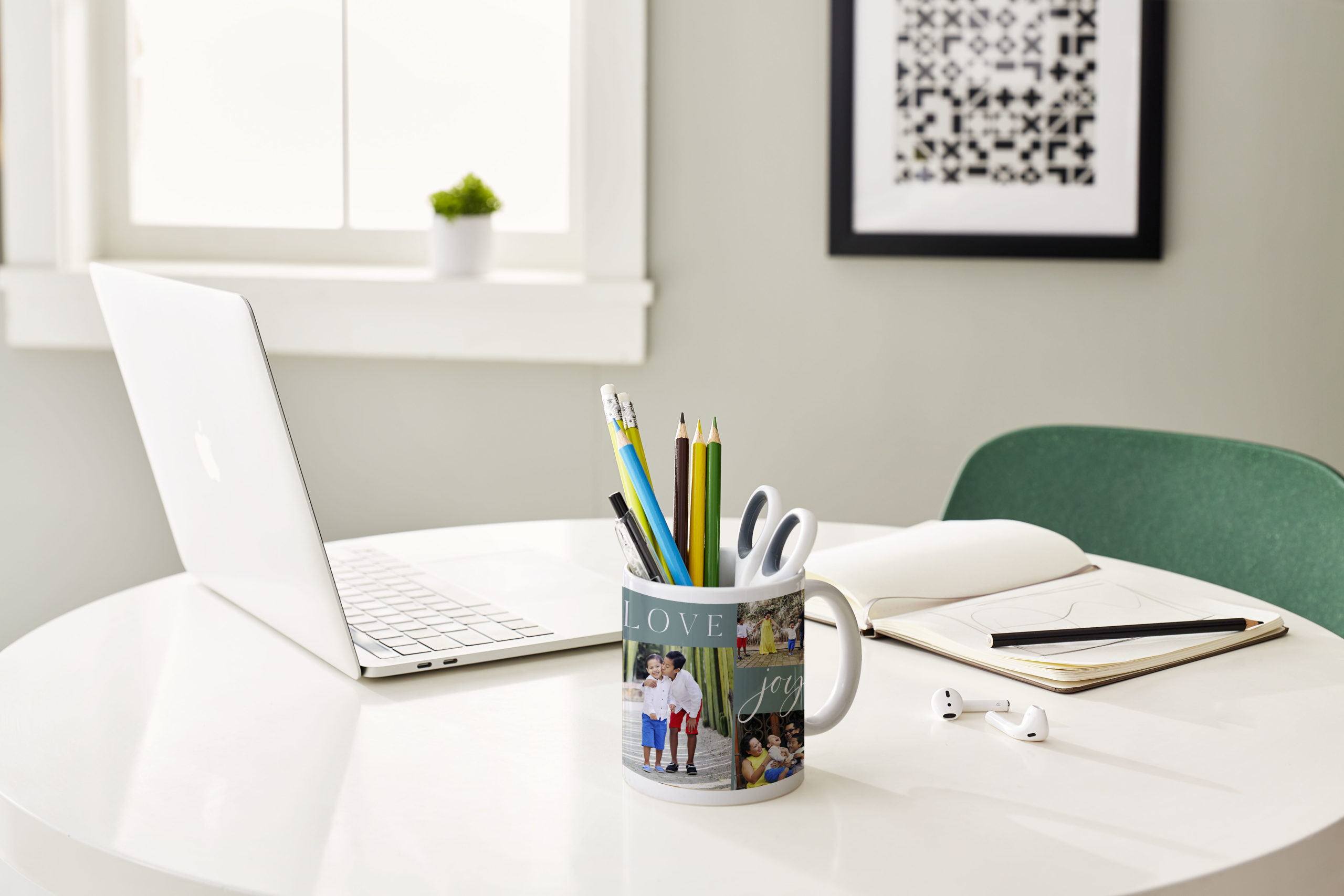 personalized mug that is also a pencil holder on a desk
