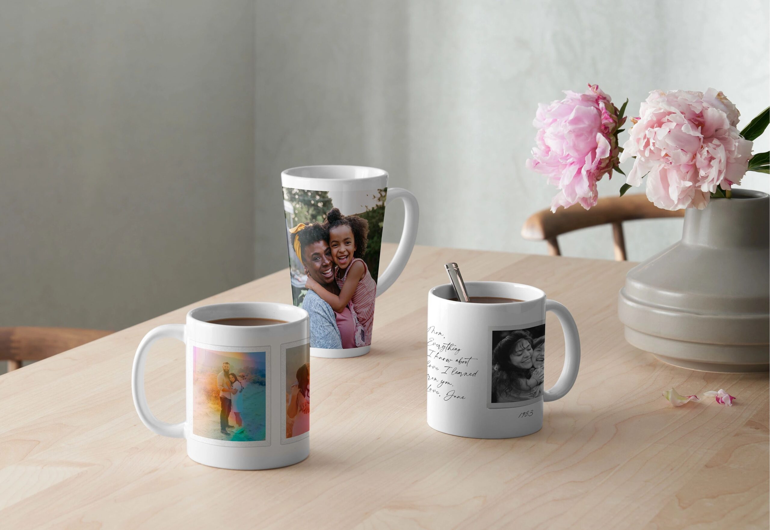 three custom photo mugs