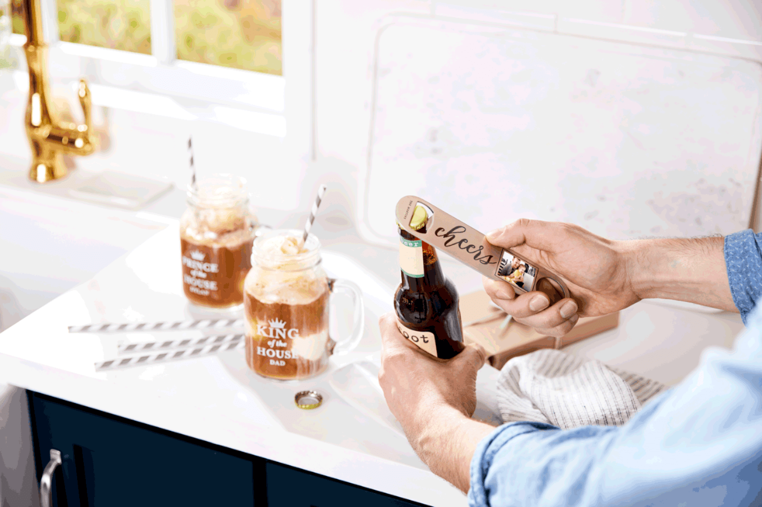 custom bottle opener pouring in mason jars with icecream