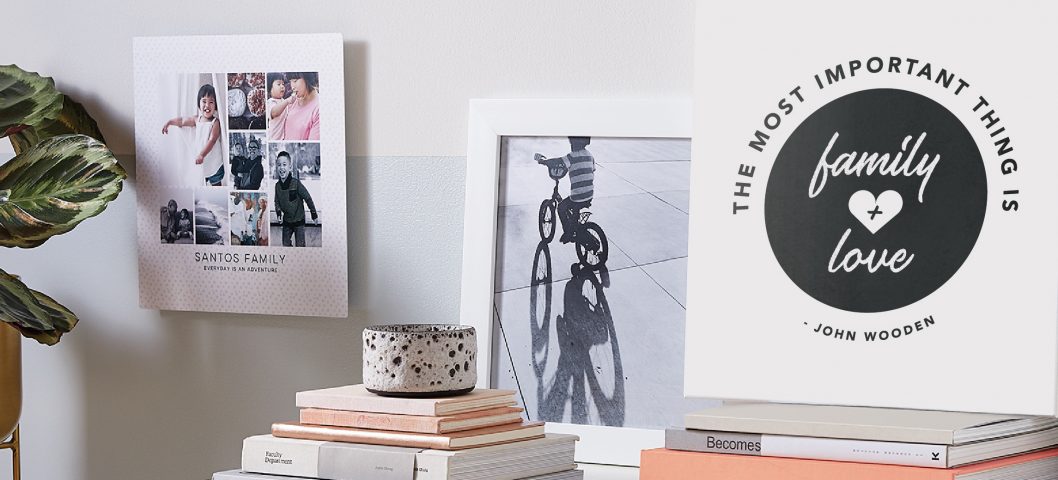 Bedroom shelf with a canvas print of a motivational quote.