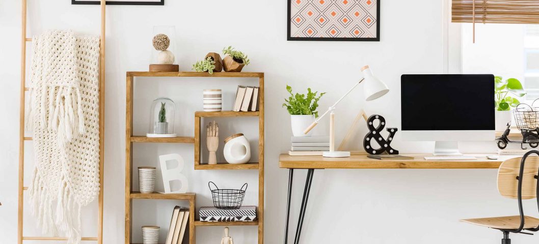 Office desk with bright white decor.