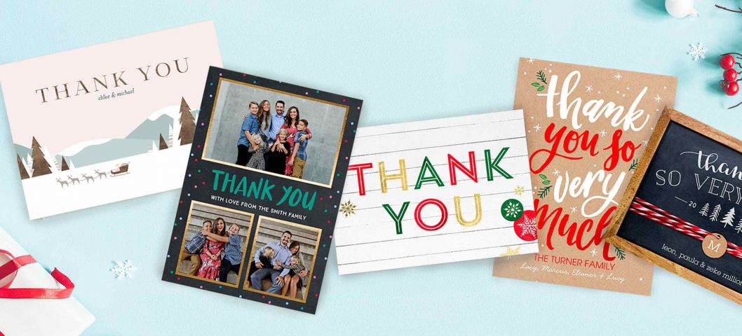 Five festive Christmas thank you cards on blue background