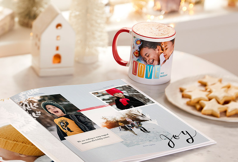 Photo book and coffee mug.