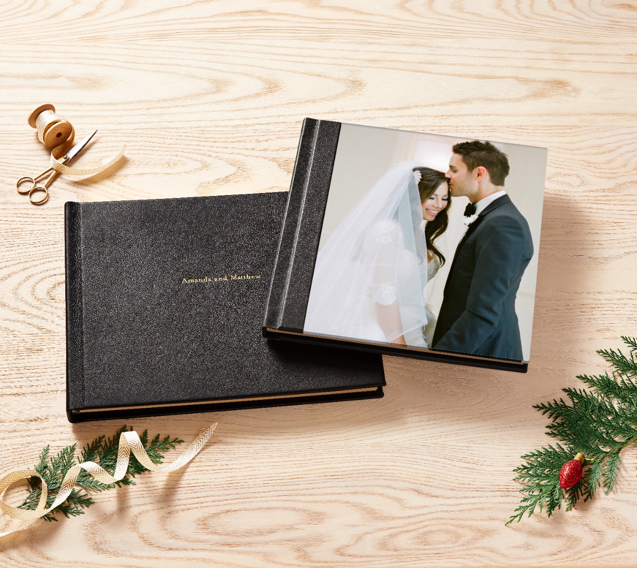 Premium leather bound wedding photo album with bride and groom.