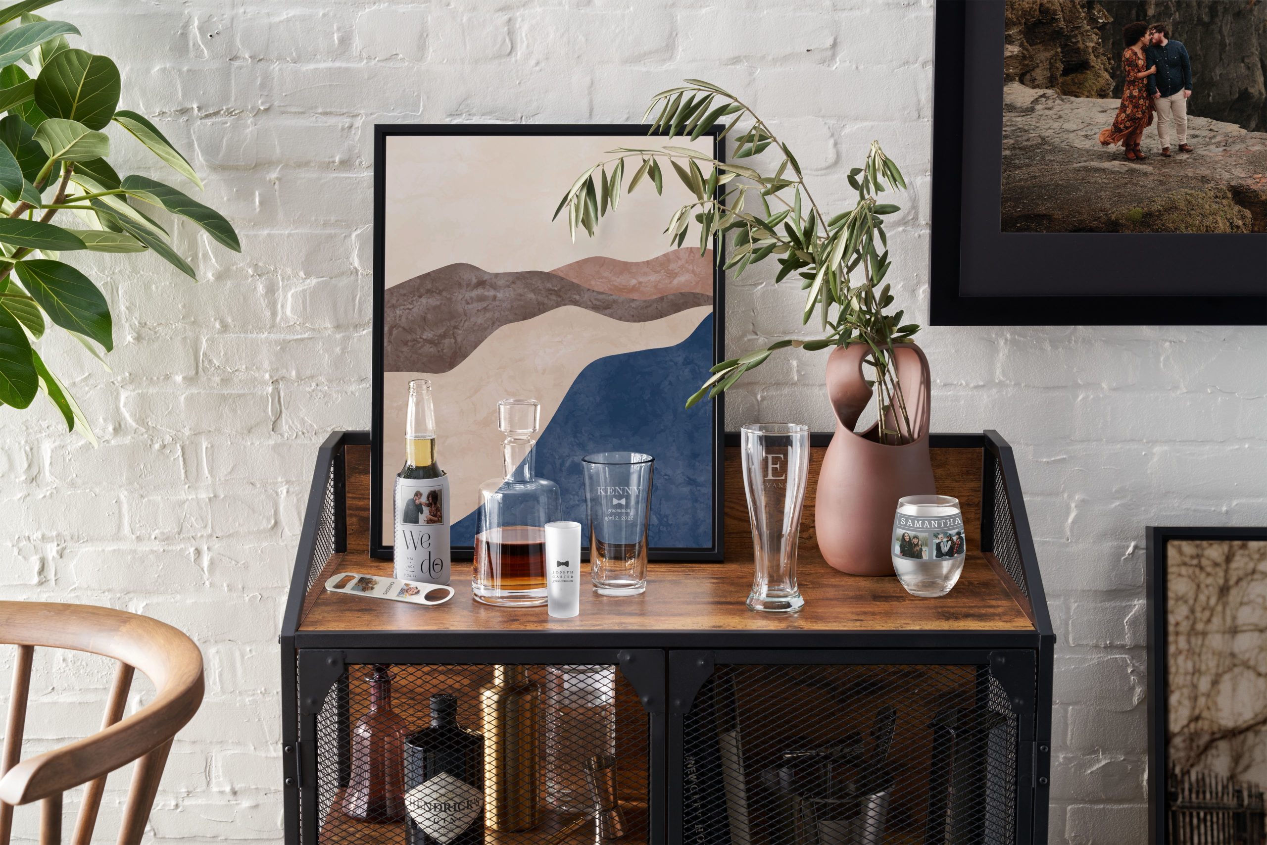 Custom barware like wine glasses, beer glasses, and more