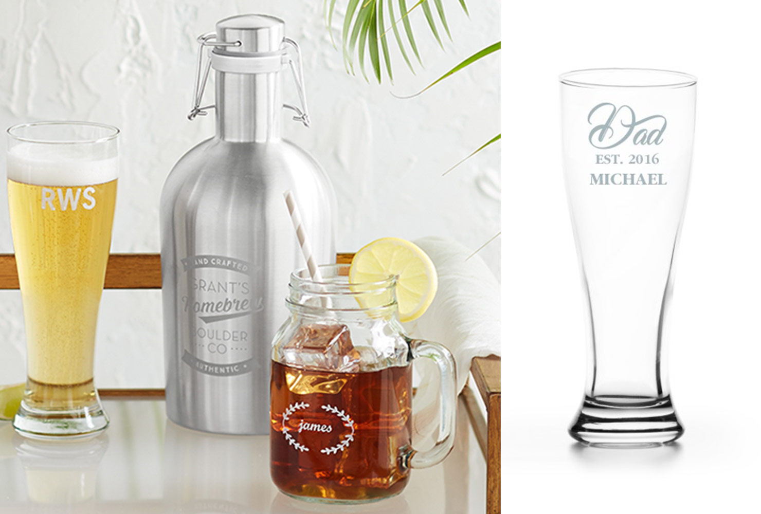 Silver growler, mason jar glass and pilsner glass. 