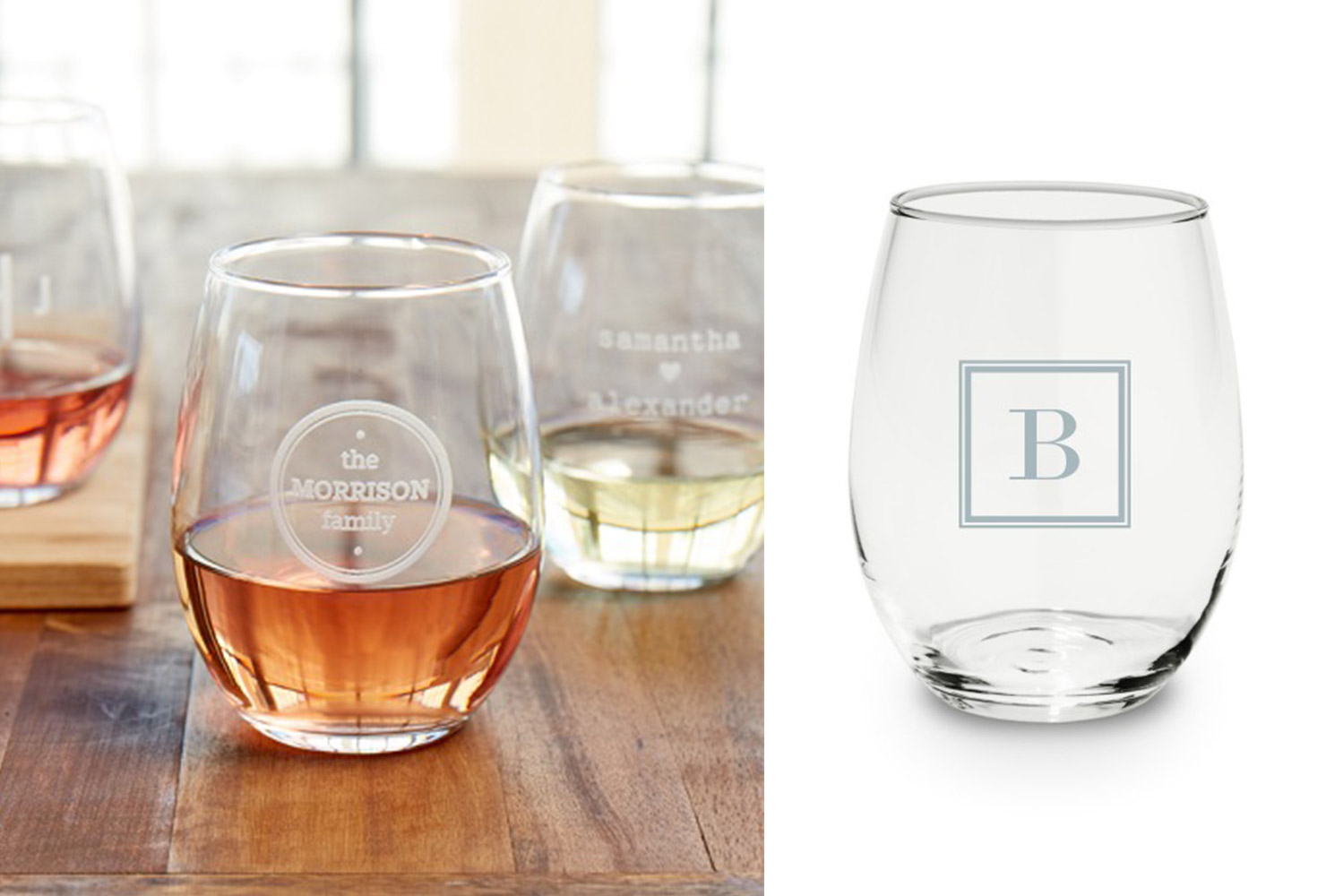 Monogrammed wine glasses. 