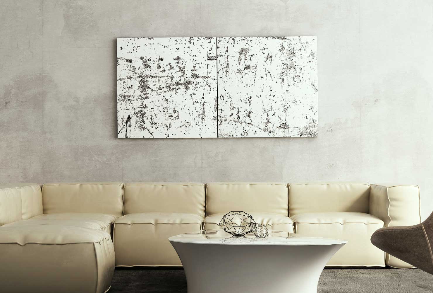 Abstract painting abov couch.