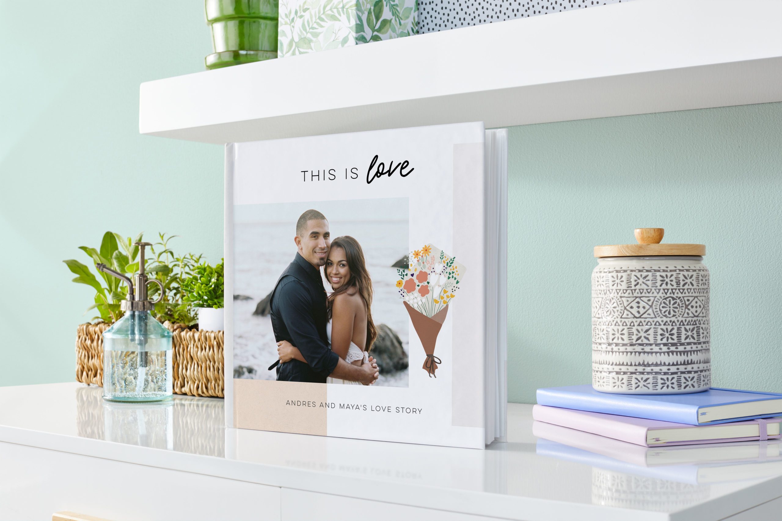 a custom wedding photo book with a bride and groom embracing on the cover