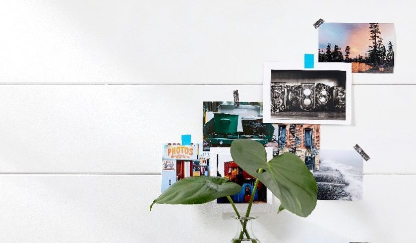 collage of photo prints taped to the wall