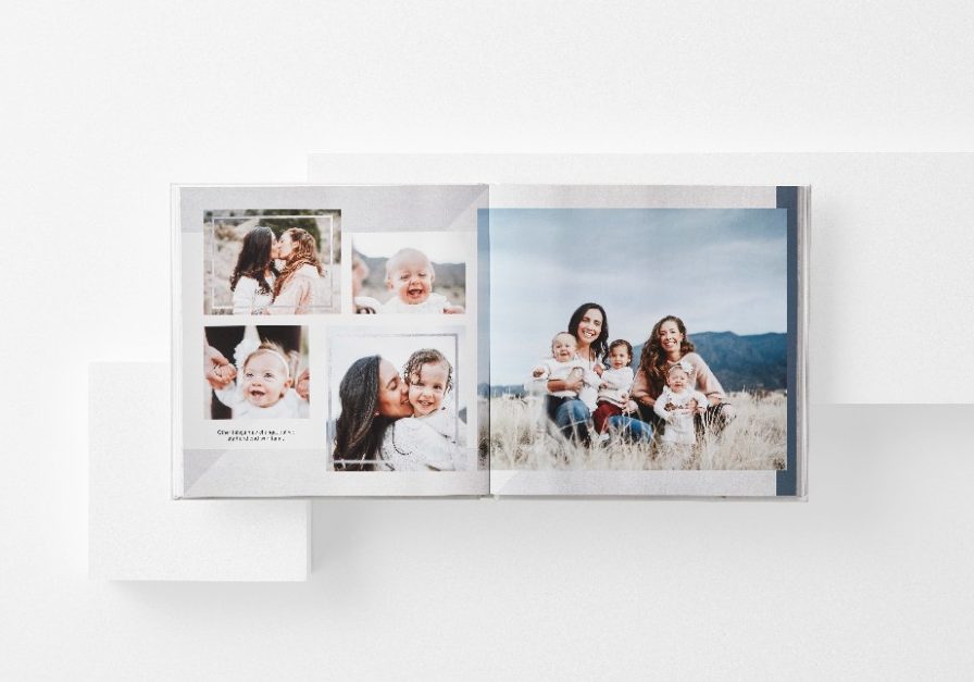 modern photo book with photo collage of family and kids