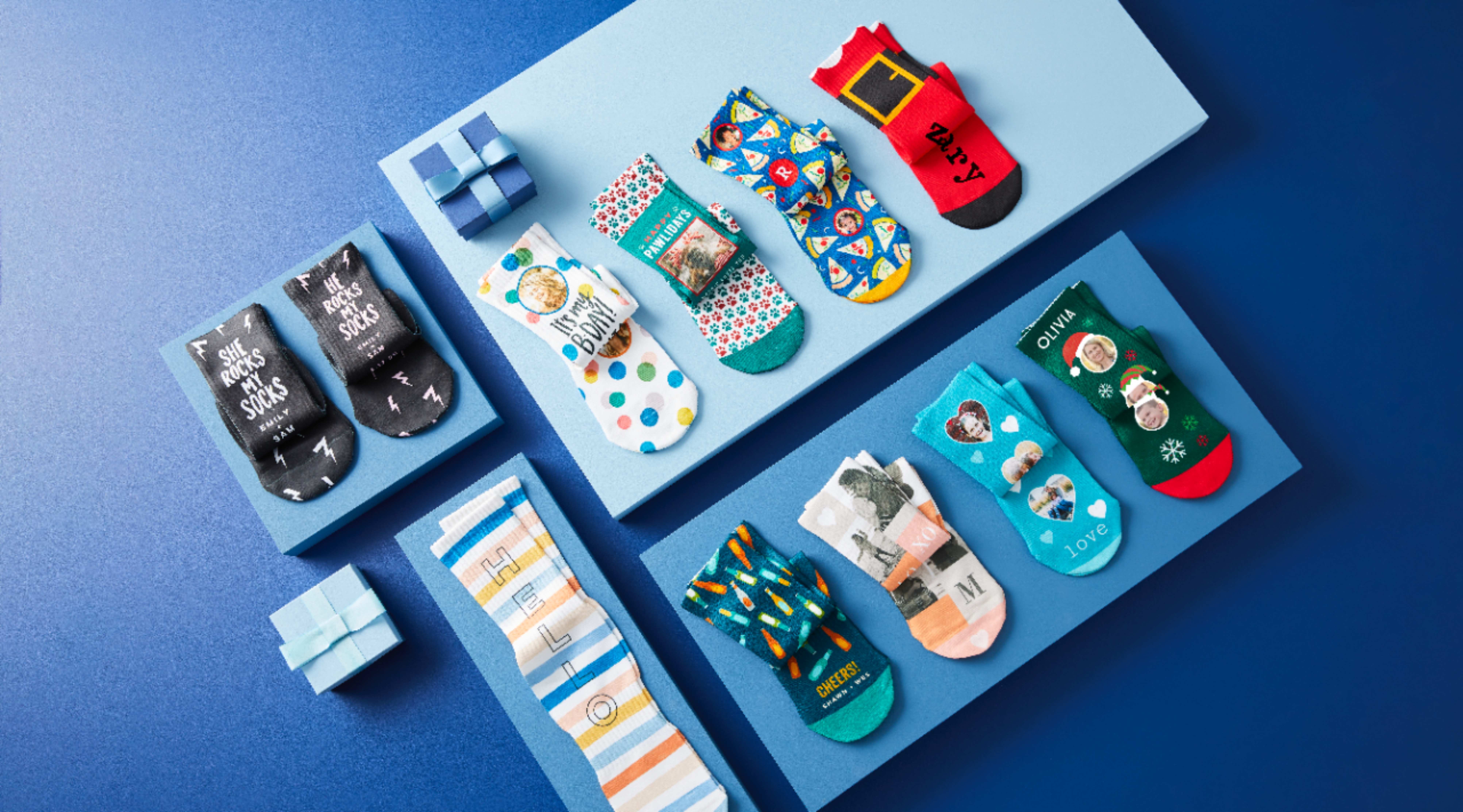 Personalized holiday socks with different designs and colors 