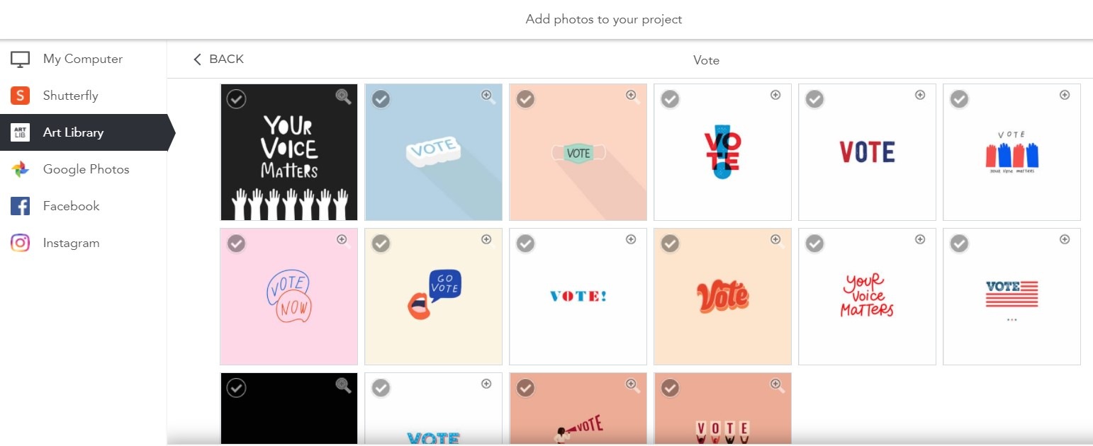 Shutterfly art library. Choose vote artwork for vote merchandise.