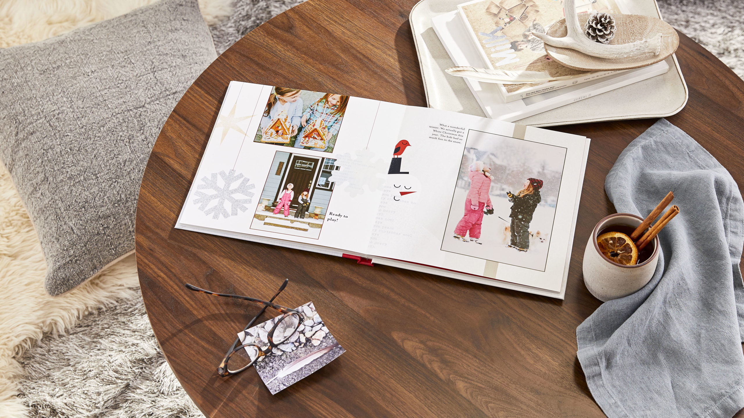 travel photo book with winter decorations