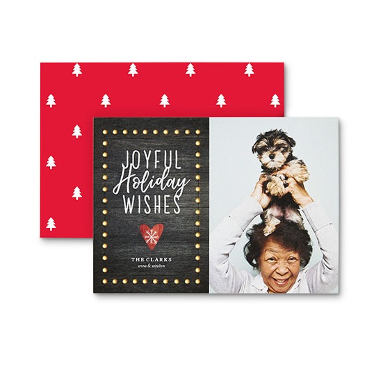 Joyful holiday wishes holiday card with woman and dog