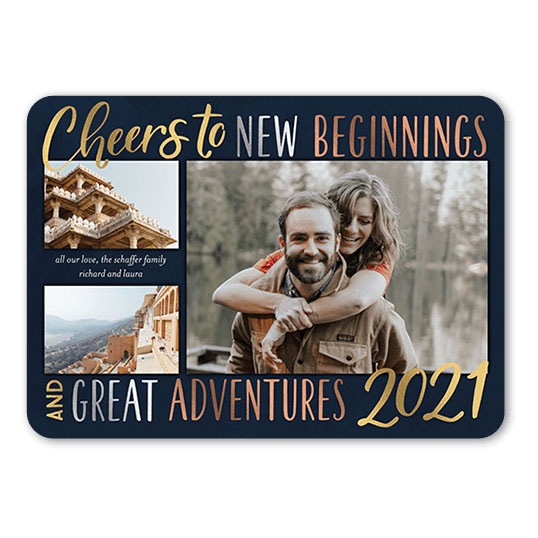 New Beginnings New Years Card with gold silver and bronze foil lettering