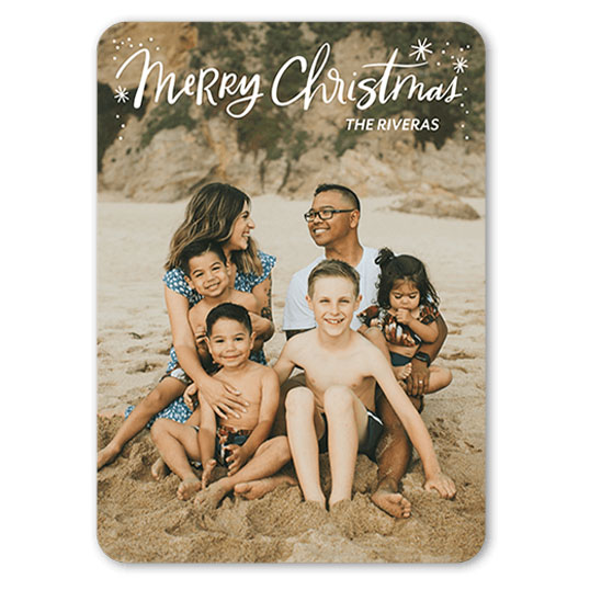 Transcribed joy holiday card with family on beach