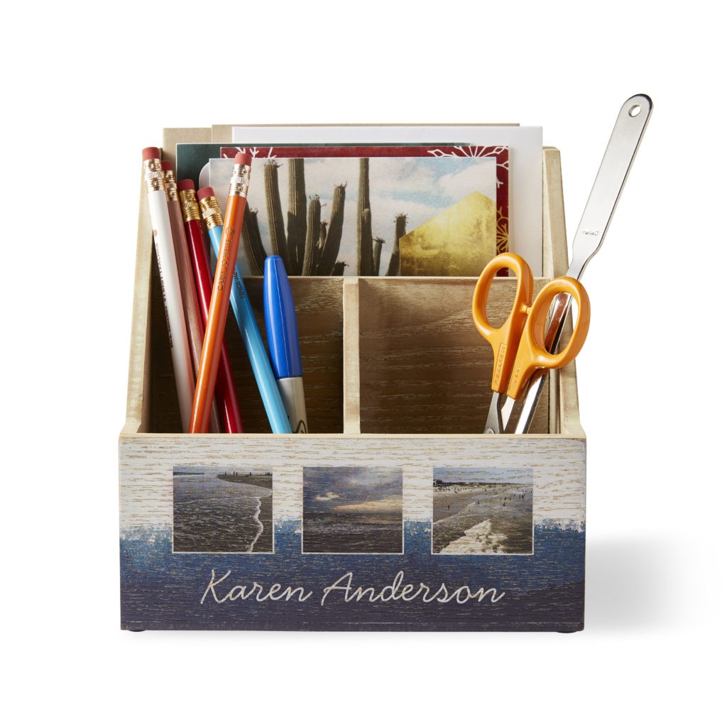 Desk caddy with space for all different types of office supplies and paperwork