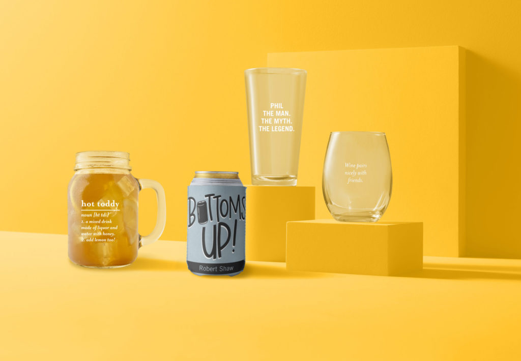 Glassware in mason jar, beer can coolers, beer pints and steam less wine glasses
