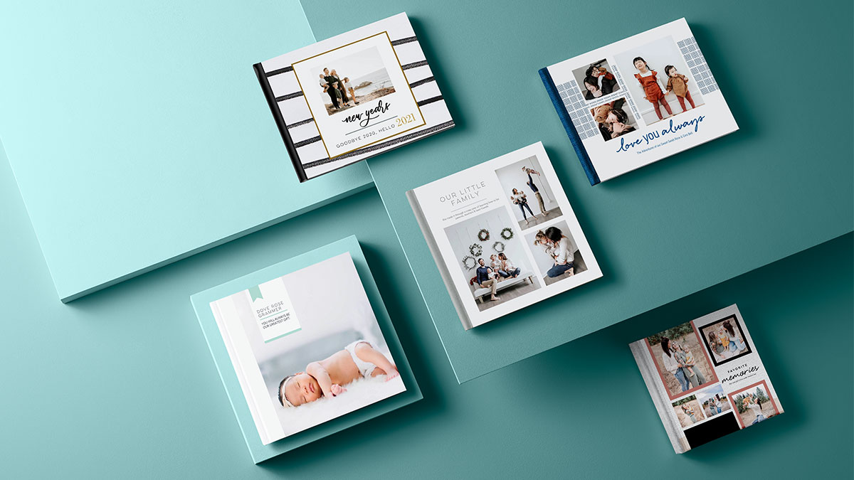 Variety of Shutterfly small photo books and large photo books with covers showing