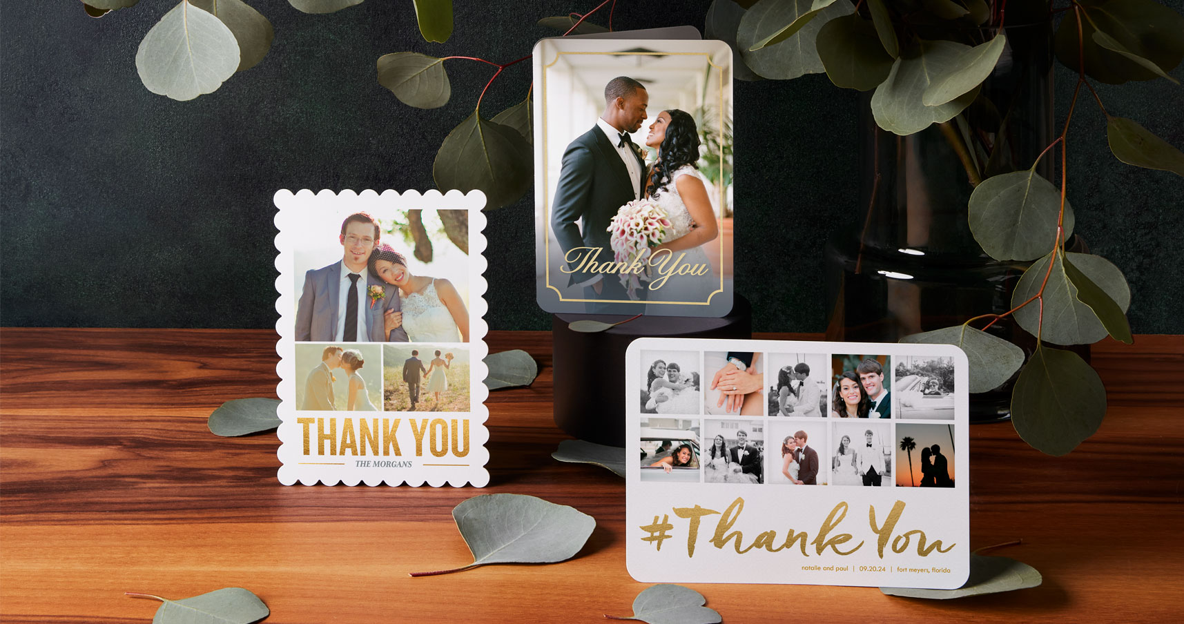 Three Shutterfly wedding thank you cards with goid foil lettering and photos