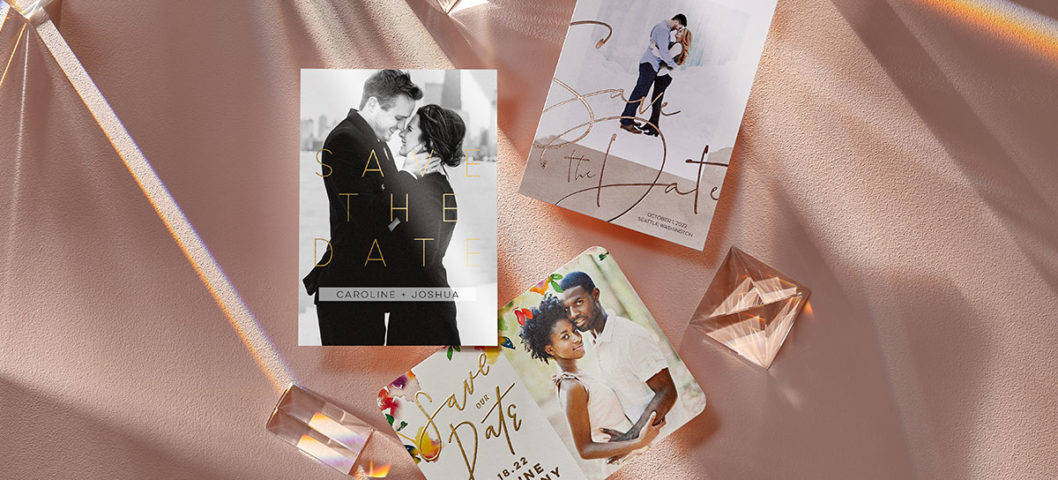 Three different save the date wedding cards with couple photos and styles that include black and white, floral, and beach theme