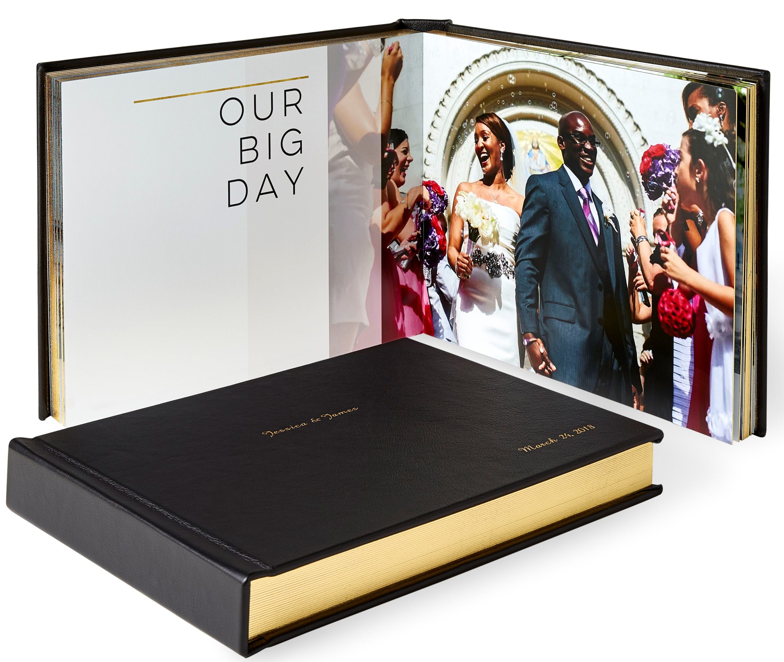 Traditional photo album with a black cover with gold edges pages of a wedding day