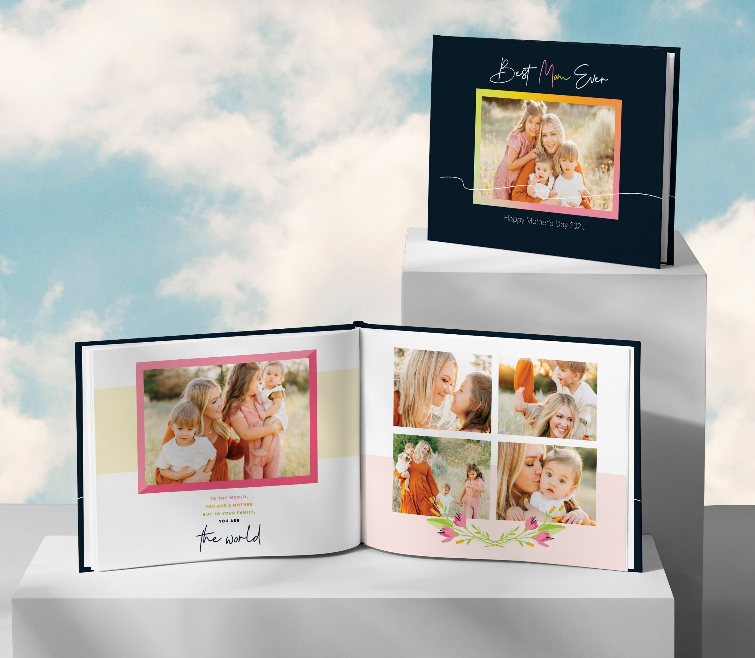 photo albums with two different designs featuring different members of a family on a sky background
