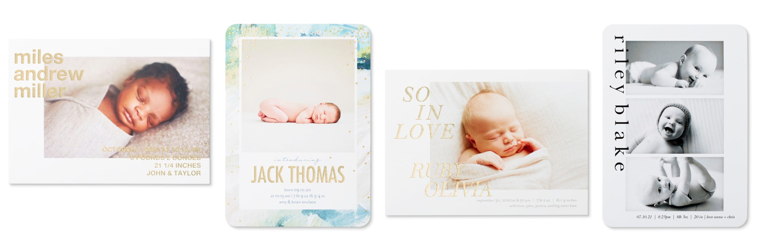 Personalized birth announcements with four different designs and styles