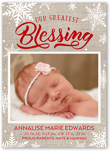 bundle of blessing birth announcement with snowflakes and a rustic background