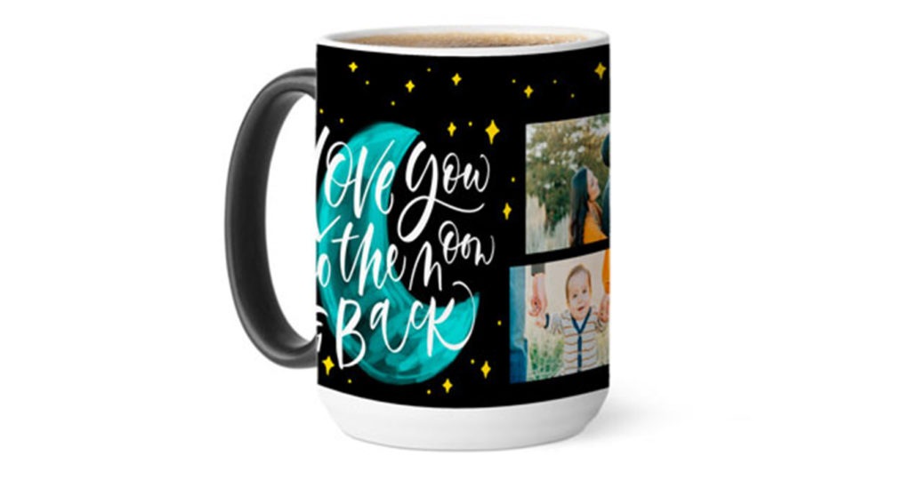Custom coffee mug with photo collage and moon illustration with quote