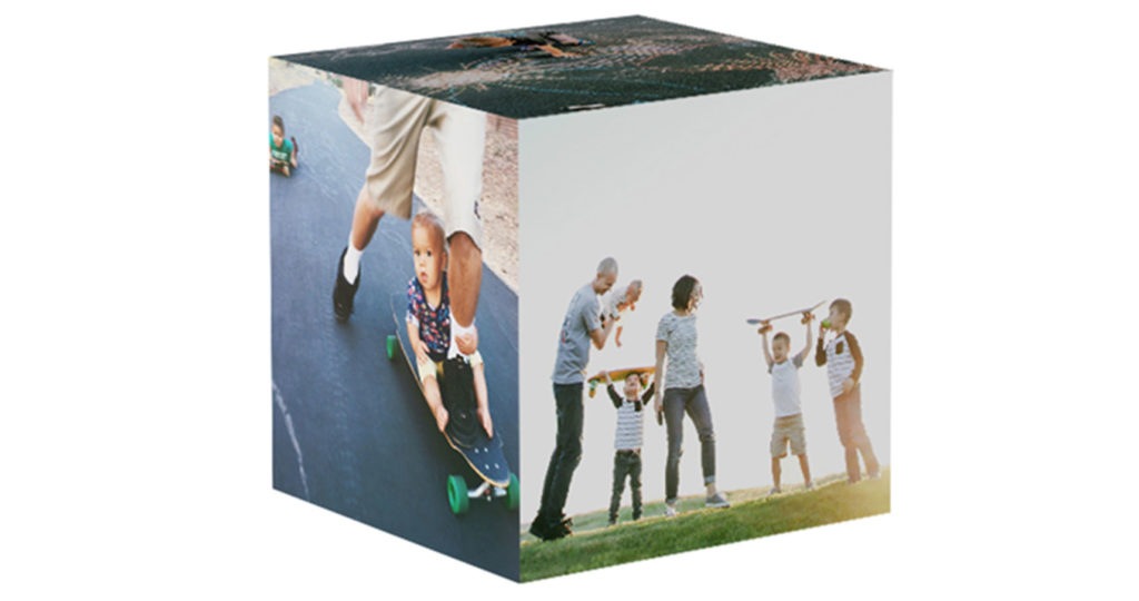 Custom photo cube with photos of friends and family hanging out together