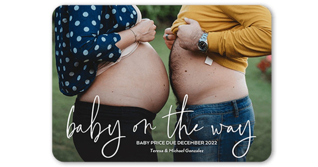 Funny pregnancy announcement showing woman's baby bump and man's stomach that says baby on the way