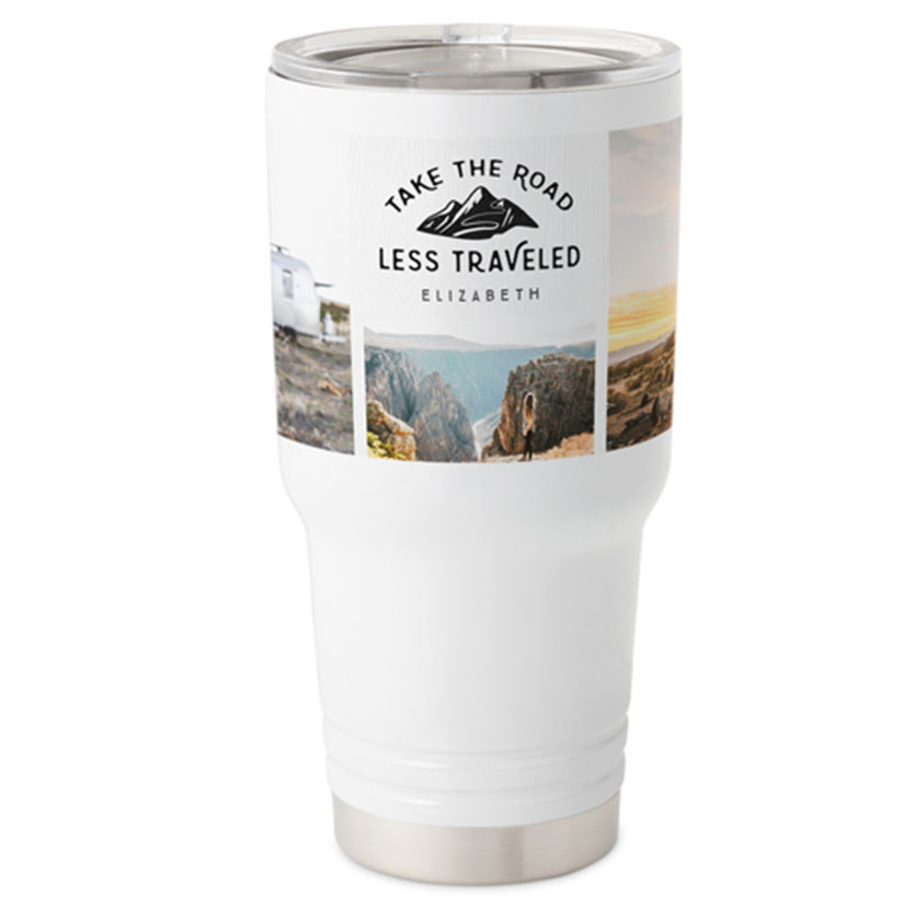 Personalized travel tumbler with photo collage and illustration