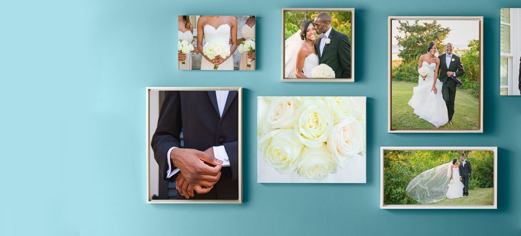 print photo hero image with different pictures of couple getting married