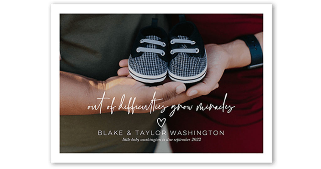 Pregnancy announcement showing baby shoes that says out of difficulties grow miracles