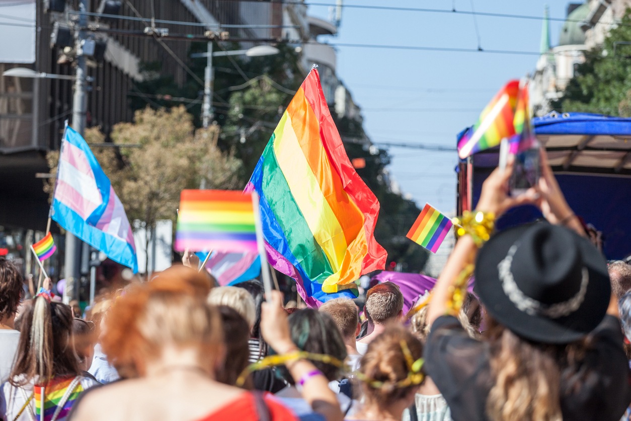 Pride parade flags with beautiful rainbow colors