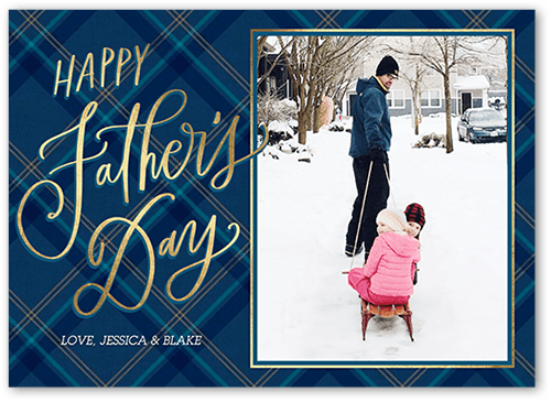 Plaid Dad Father's Day Card featuring a father pulling his daughters on a sled