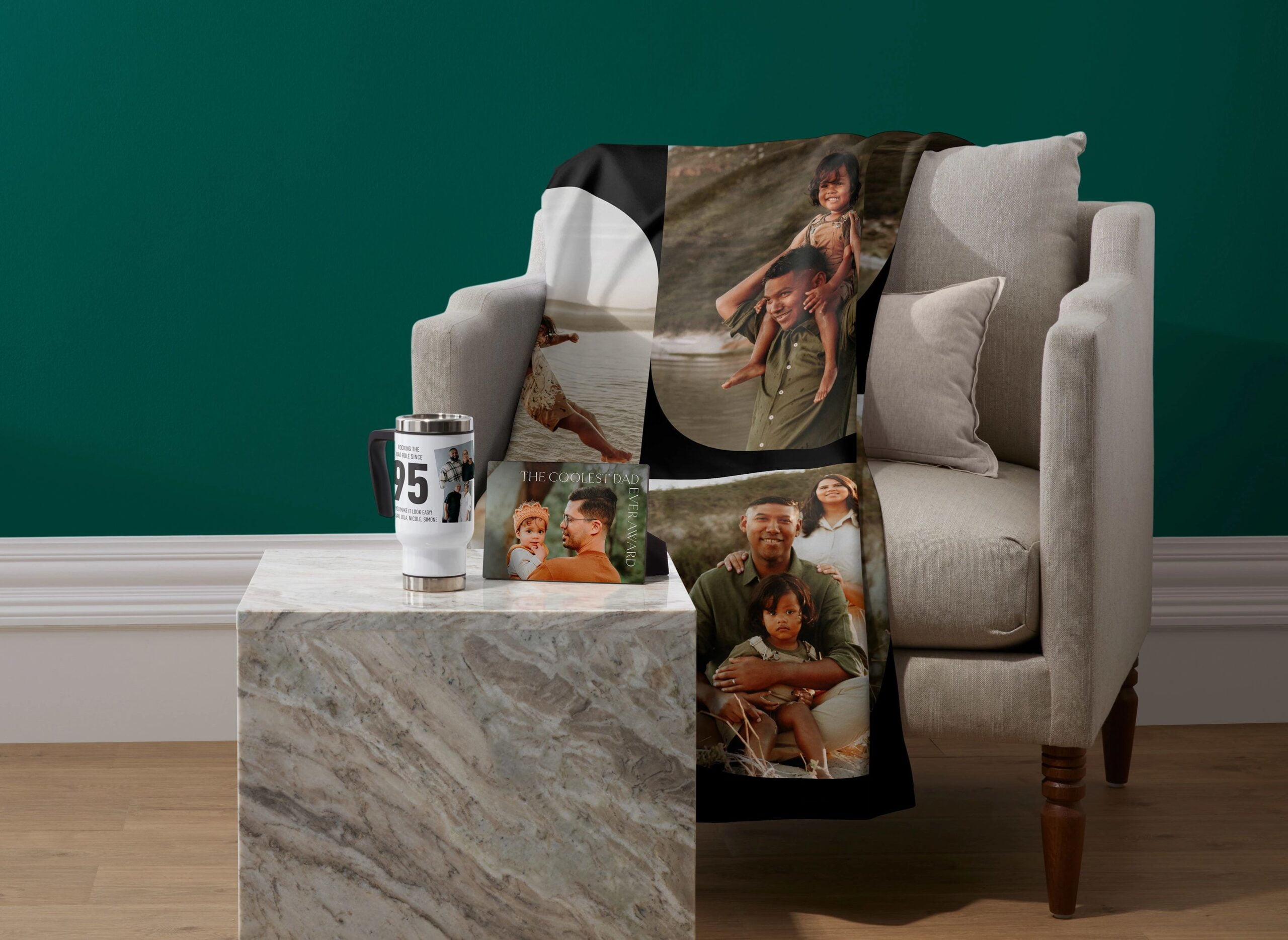 personalized gifts for dad like a tumbler, tabletop print, and fleece photo blanket