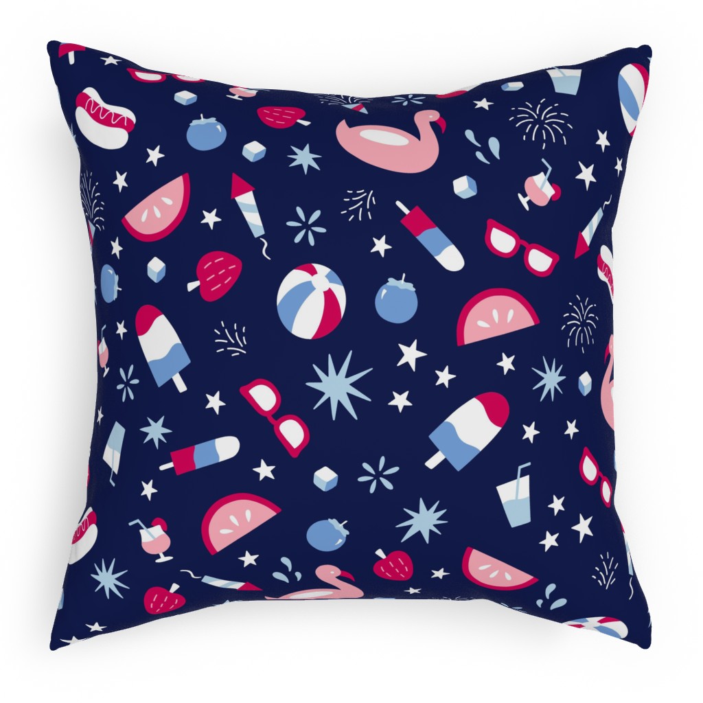 4th of July custom outdoor pillow featuring stars fruit popsicles and flamingos