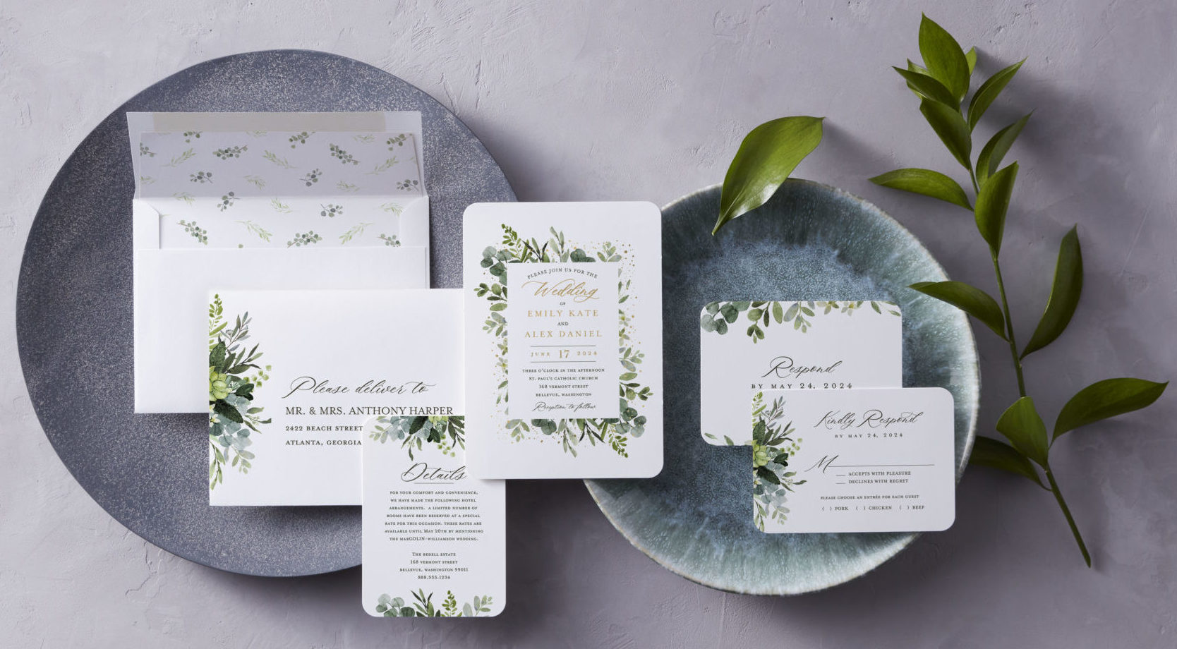 Custom wedding stationery with invitation, RSVP, and enclosure cards