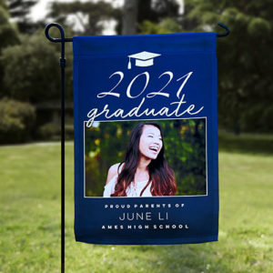 graduation yard garden flag with blue design, with picture and text