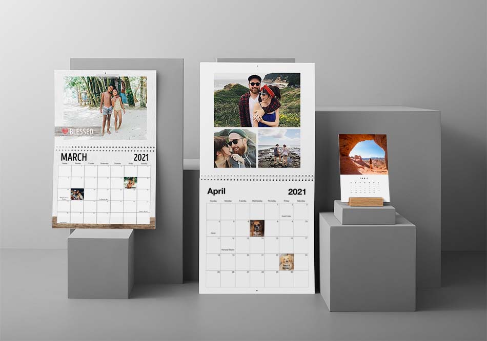 Custom calendars with photo and text personalization for schedules, appointments, and vacations.