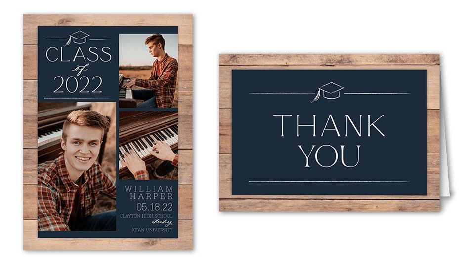 Classy commencement announcement card and thank you cards with rustic boarder and pictures inside