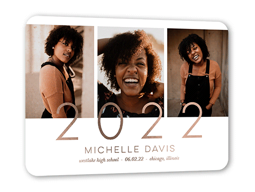 class of 2022 foil card with round edges and three pictures in the front